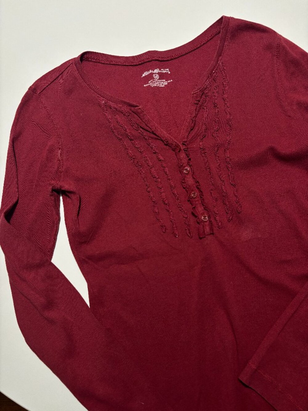 Eddie Bauer Red Ruffled Henley Long Sleeve Cotton Top
